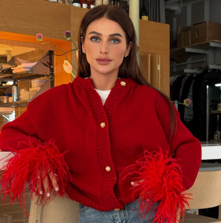 Women's Furry Patchwork Long Sleeve Button Knitting Cardigan 12