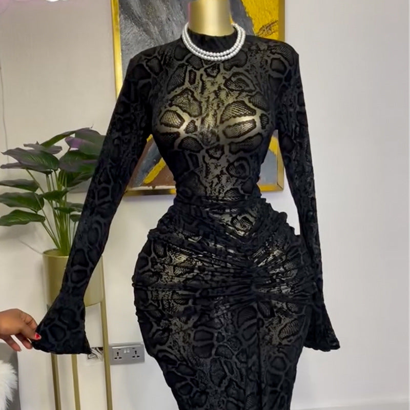 Women Elegant Half High Neck Lace Long Sleeve Bodycon Dress 7