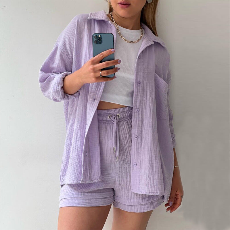 Women's Spring Crinkle Turndown Collar Long Sleeve Shirt High Waist Drawstring Shorts  2PC Set 7
