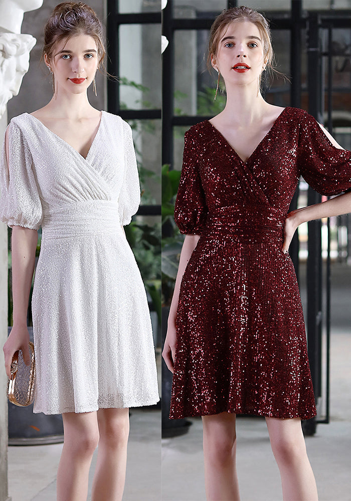 Elegant Sequin Surplice Neck Hollow-Out Short Sleeve Party Dress