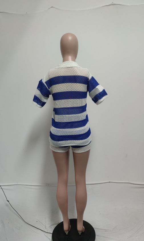 Women Sexy Hollow See-Through Turndown Collar Knitting Top and Shorts Two Piece Set 9