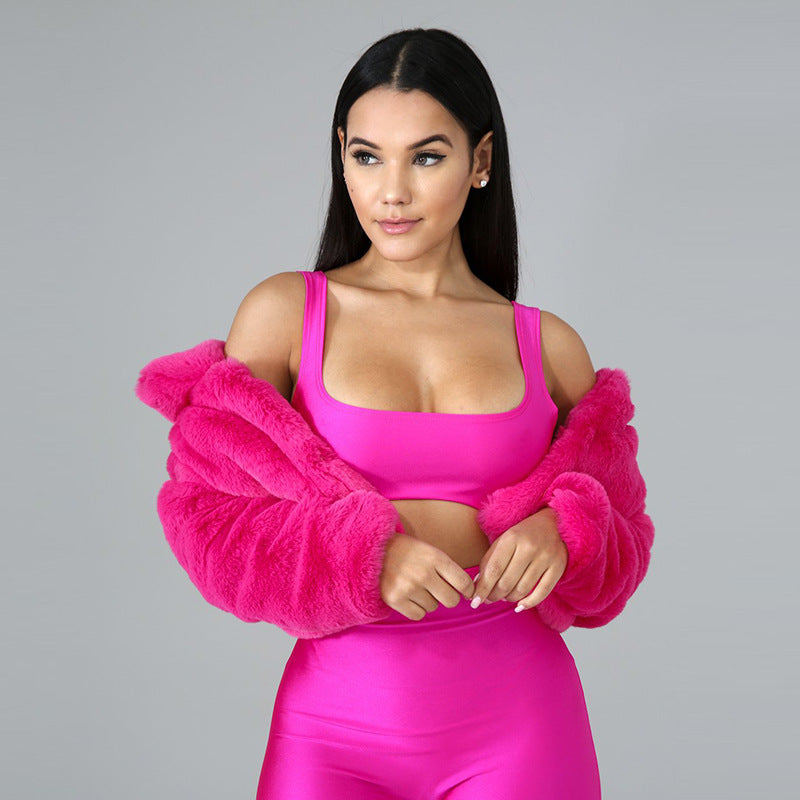 Women Sexy Solid Candy Color Faux furryCrop Jacket 14