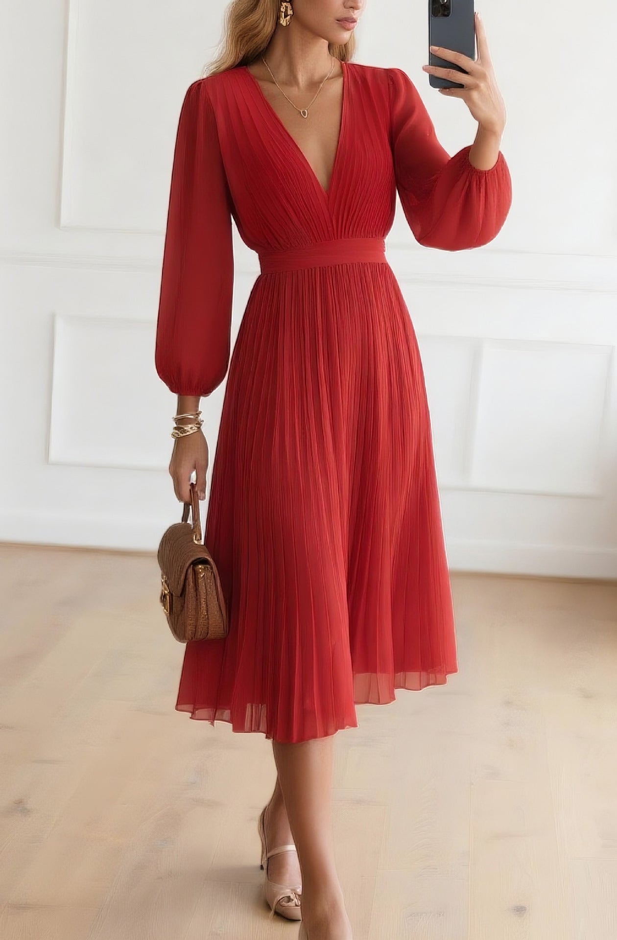 Women V-Neck Lace-Up Long-Sleeved Dress 3