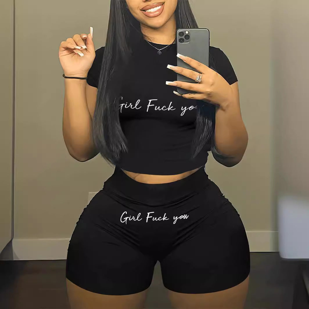 Women's Letter Printed Sports Short-Sleeved Round Neck Casual Two Piece Shorts Set 6
