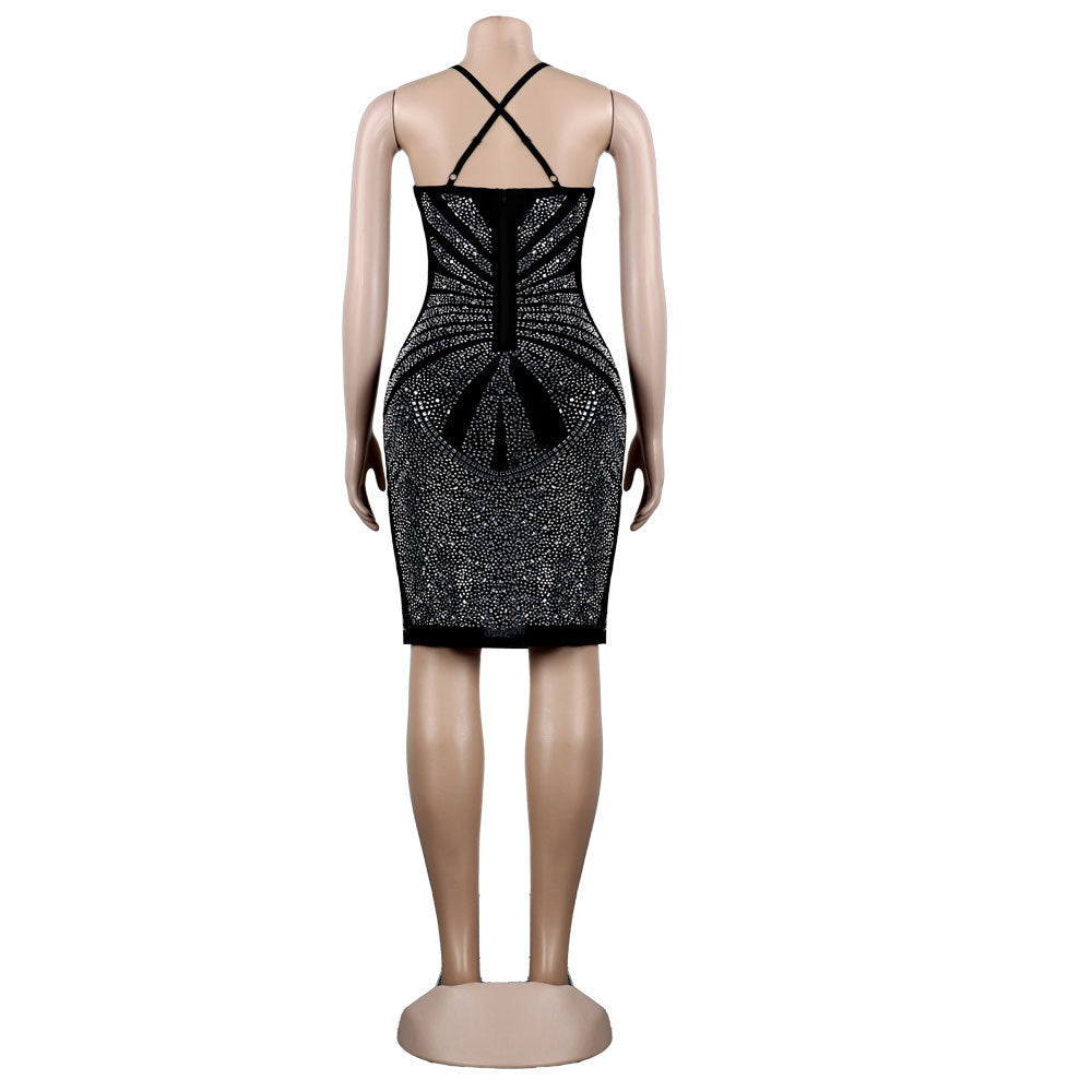 Sexy Women's Beaded Deep V Slim Nightclub Dress 9