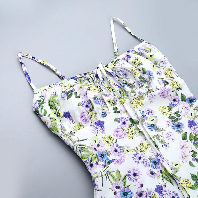 Women summer French printed slit Strap Dress 12