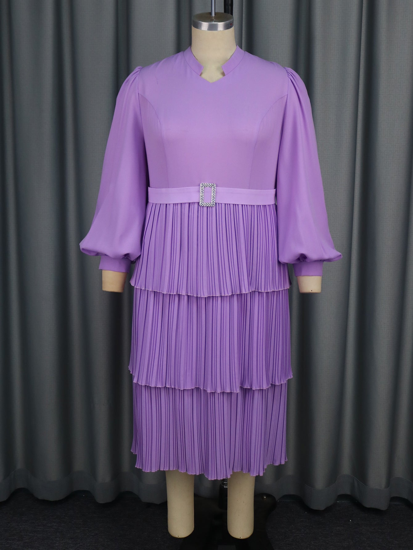 Women Spring and Summer Lantern Sleeve Pleated Cascading Ruffles Dress 9