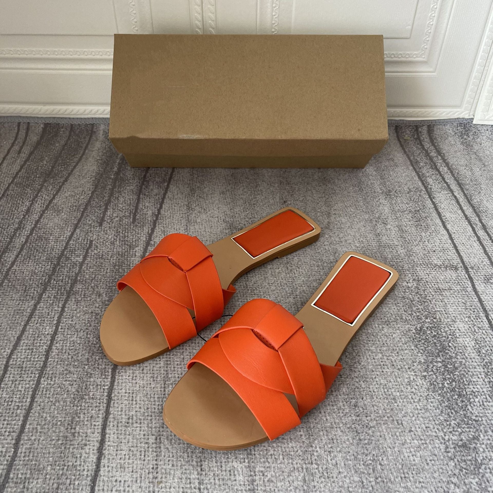 Black Flats Summer Square Toe Cross Casual Outdoor Wear Flat Sandals Women 8