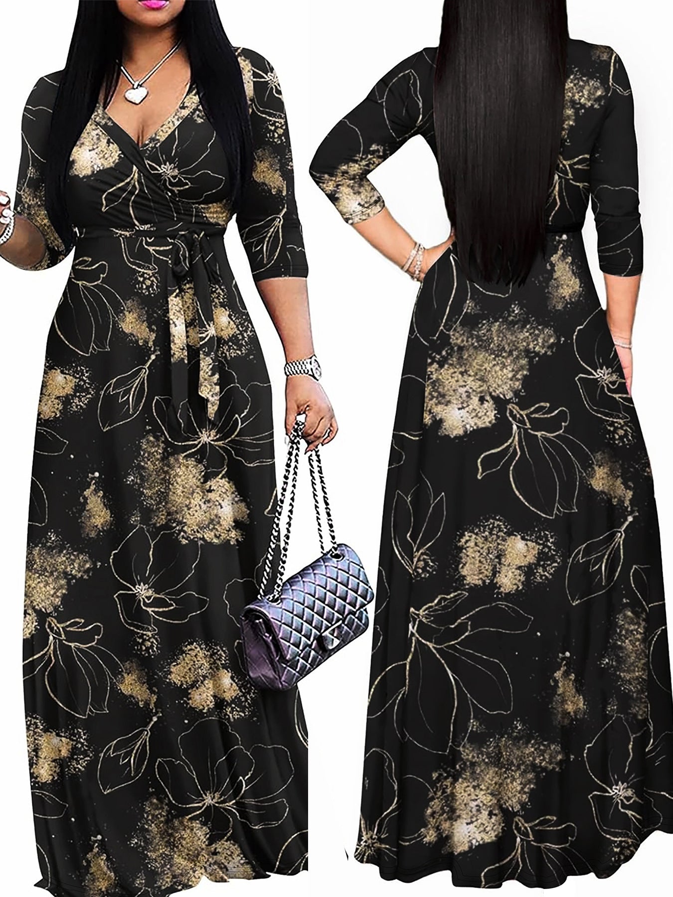Spring & Autumn Women's Fashion Elegant Wrap V-Neck Half-Sleeve Print Belt Maxi Dress 38
