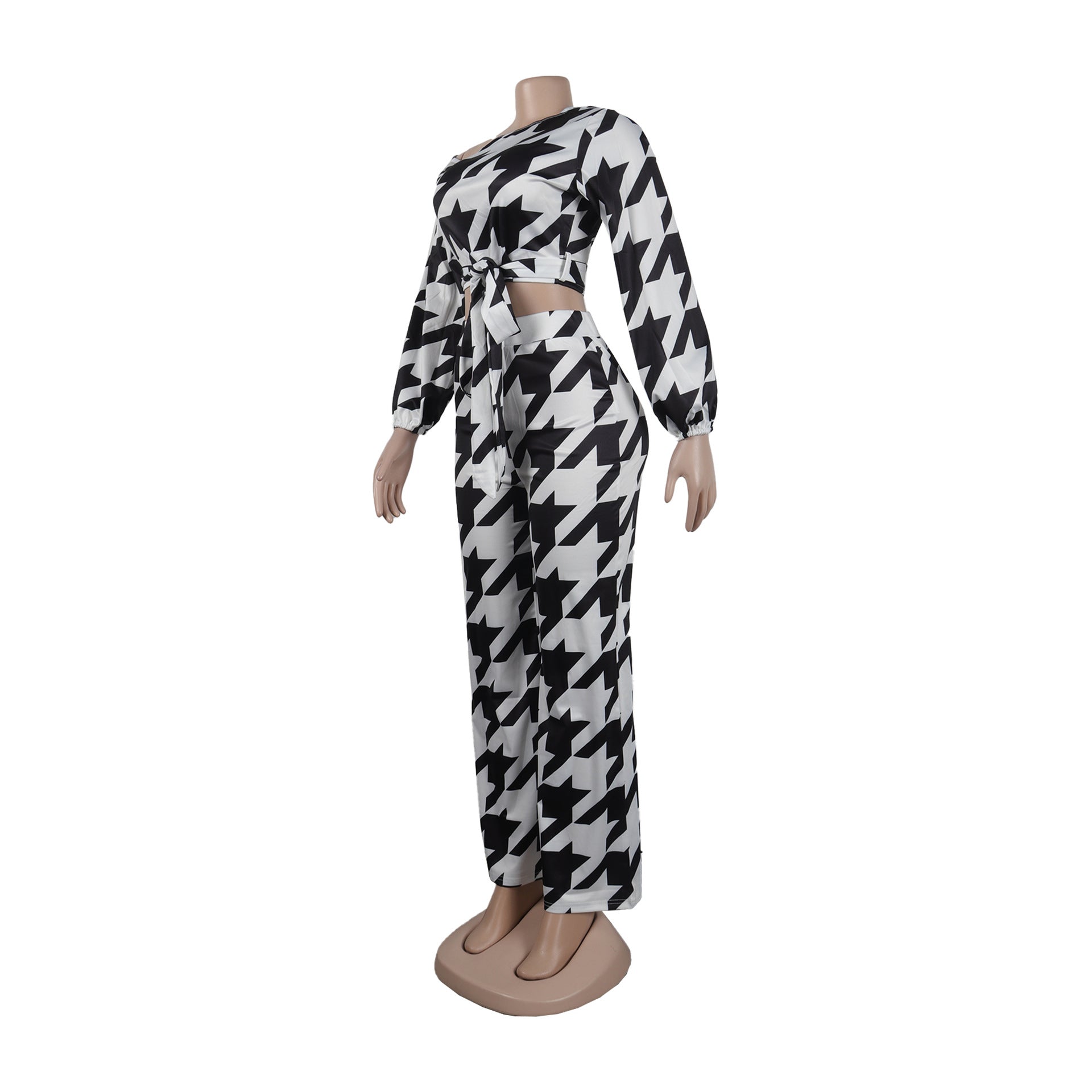 Women Printed Plaid Lace-Up Slash Shoulder Top and Pant Two-piece Set 11