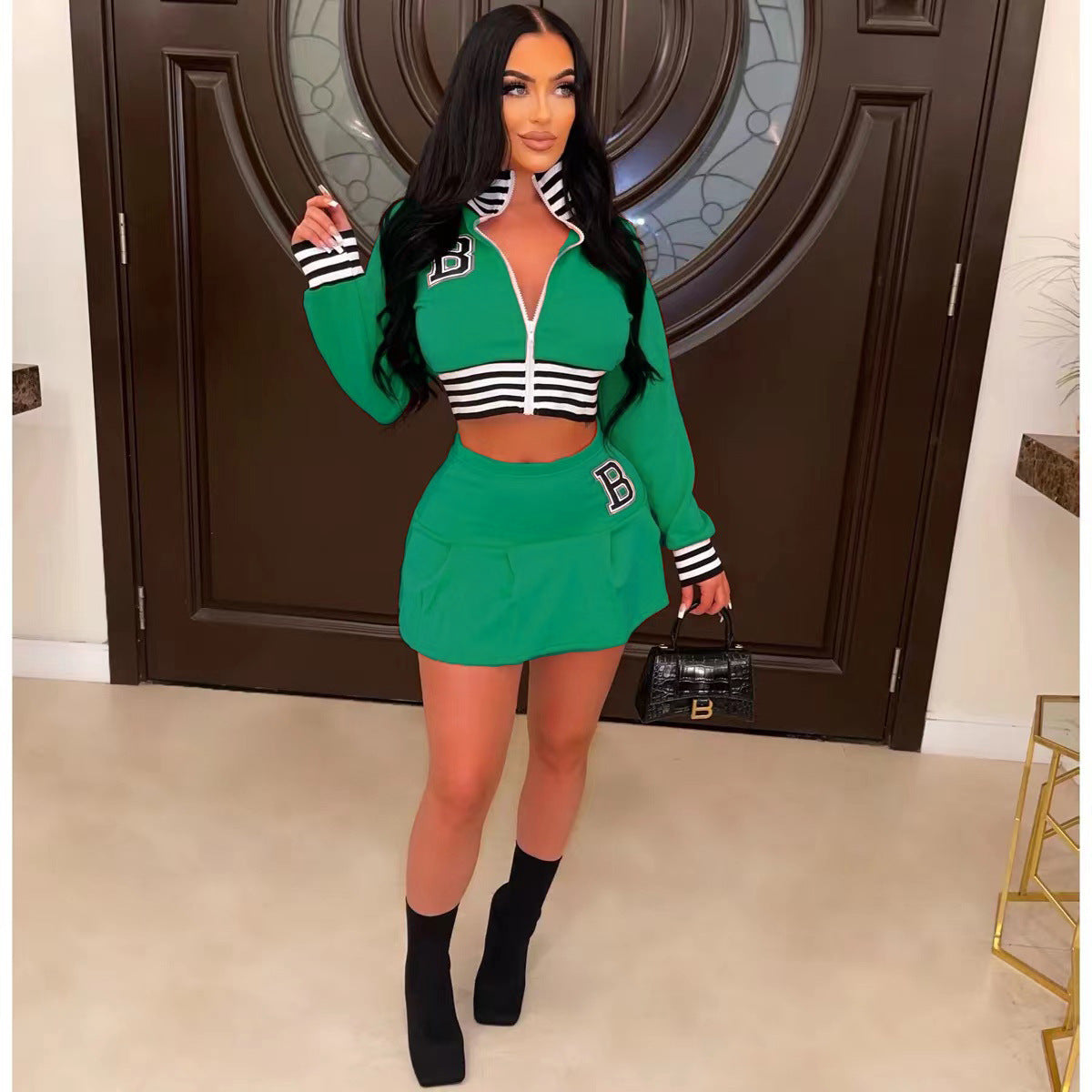 Women Casual Long Sleeve Letter Print Baseball Jacket and Mini Skirt Two-Piece 8