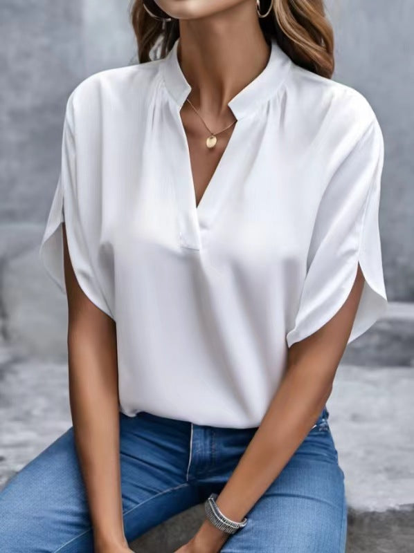 Women Summer Casual Solid V-neck Loose Shirt