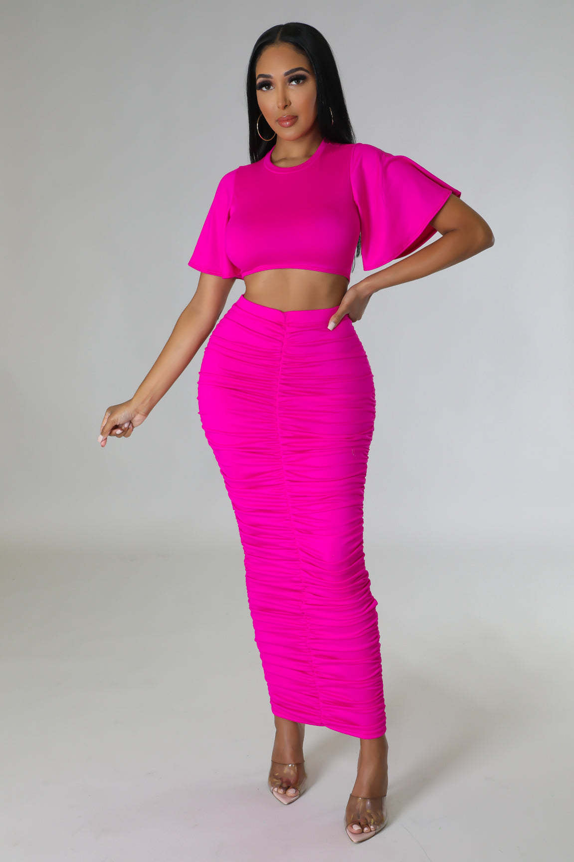 Solid Color Sexy Short-Sleeved Crop Top Slim Long Skirt Two Piece Set 3
