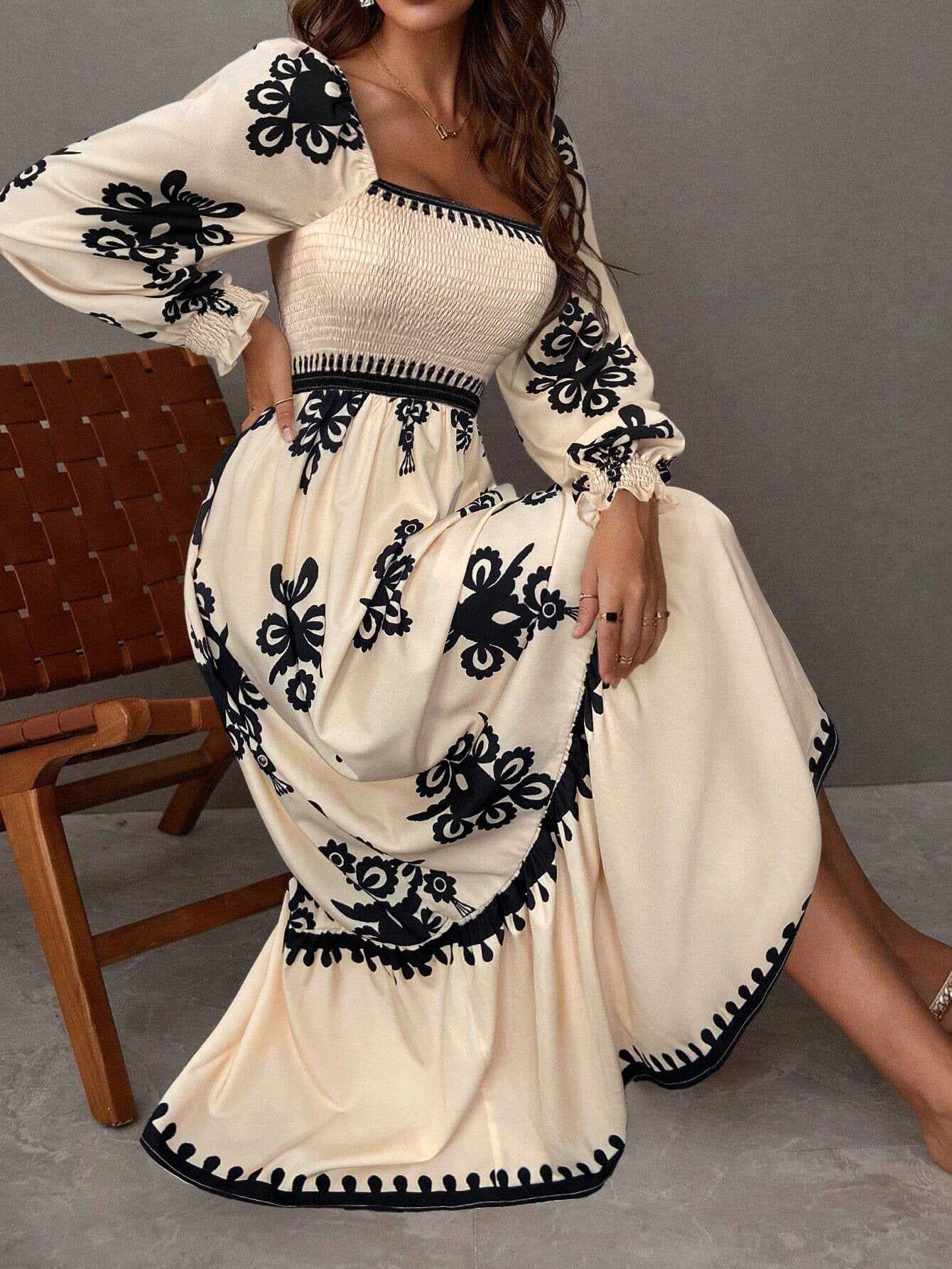 Women's Autumn Winter Elegant Printed Square Neck Long Sleeve Casual Long Dress