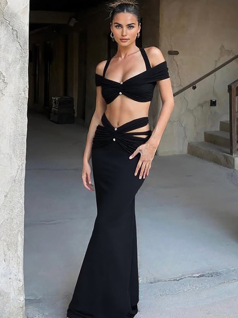 Women's Summer Sexy Halter Neck Off Shoulder Crop Top & Slim Fit Skirt Set 7