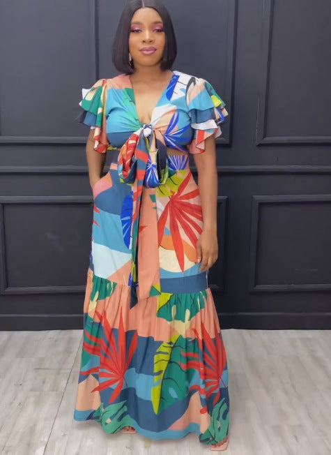 Women Sexy Printed Ruffle Lace-Up Top and Skirt Two-piece Set