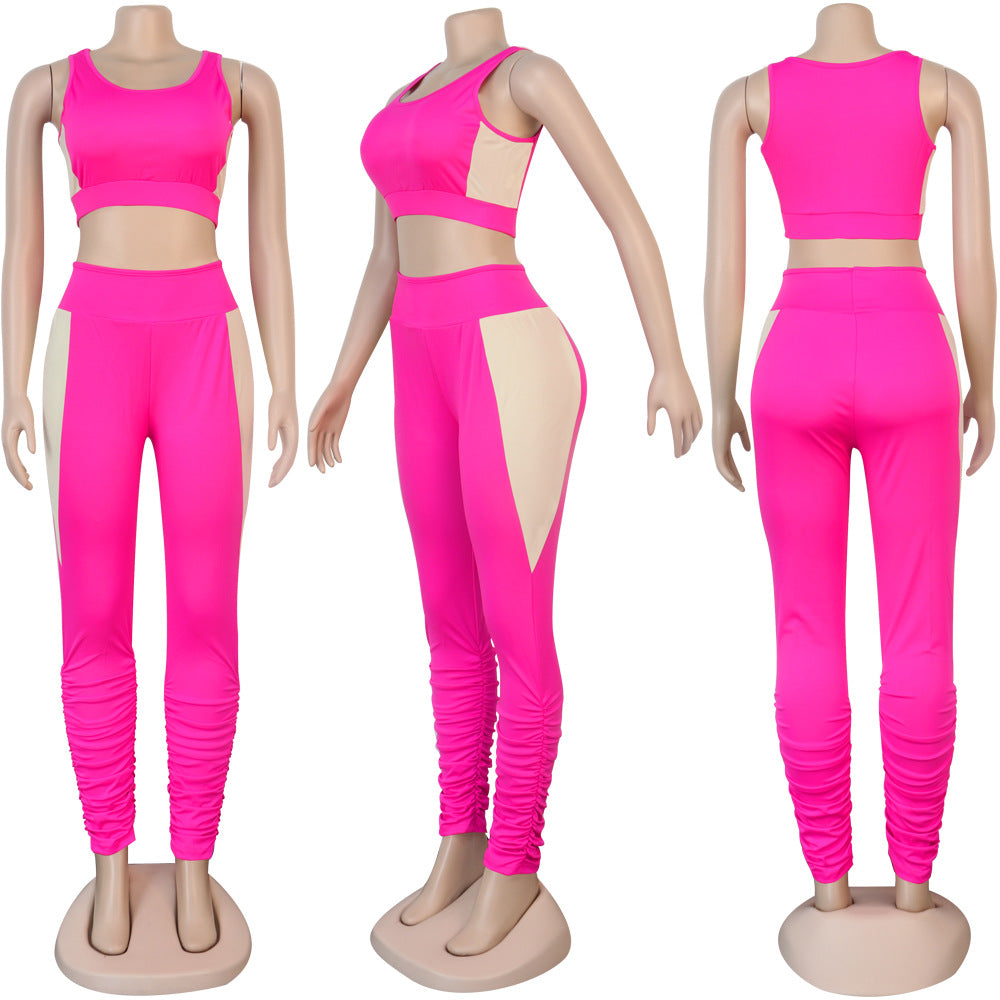 Women Sexy Solid Patchwork Gathered Sports Top and Pant Two-piece Set 18