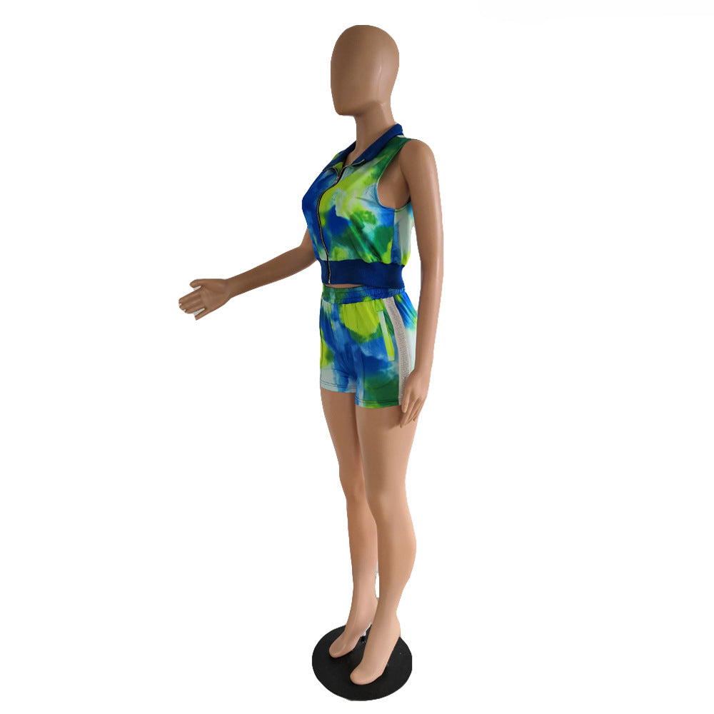 Women's Beaded Sleeveless Sexy Tie-Dye Two-Piece Shorts Set 9