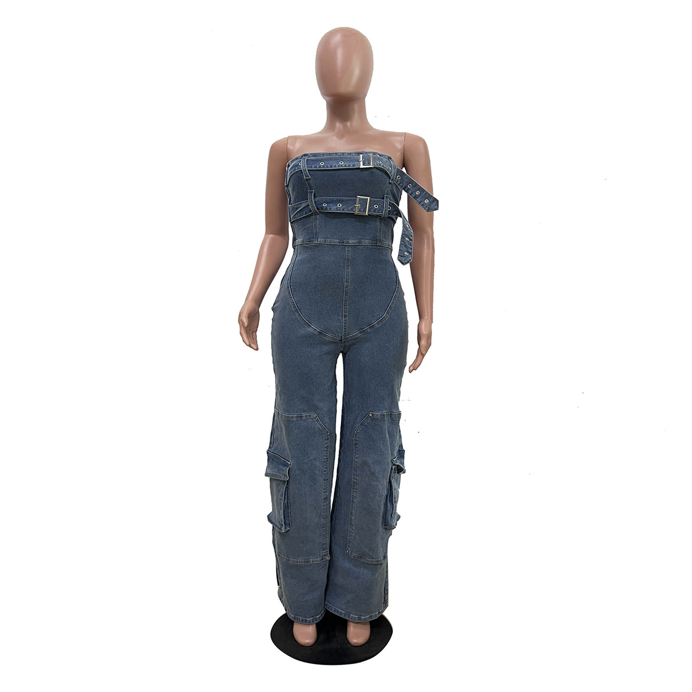 Spring/Summer Women’s Streetwear Strapless High-Waist Denim Jumpsuit 9