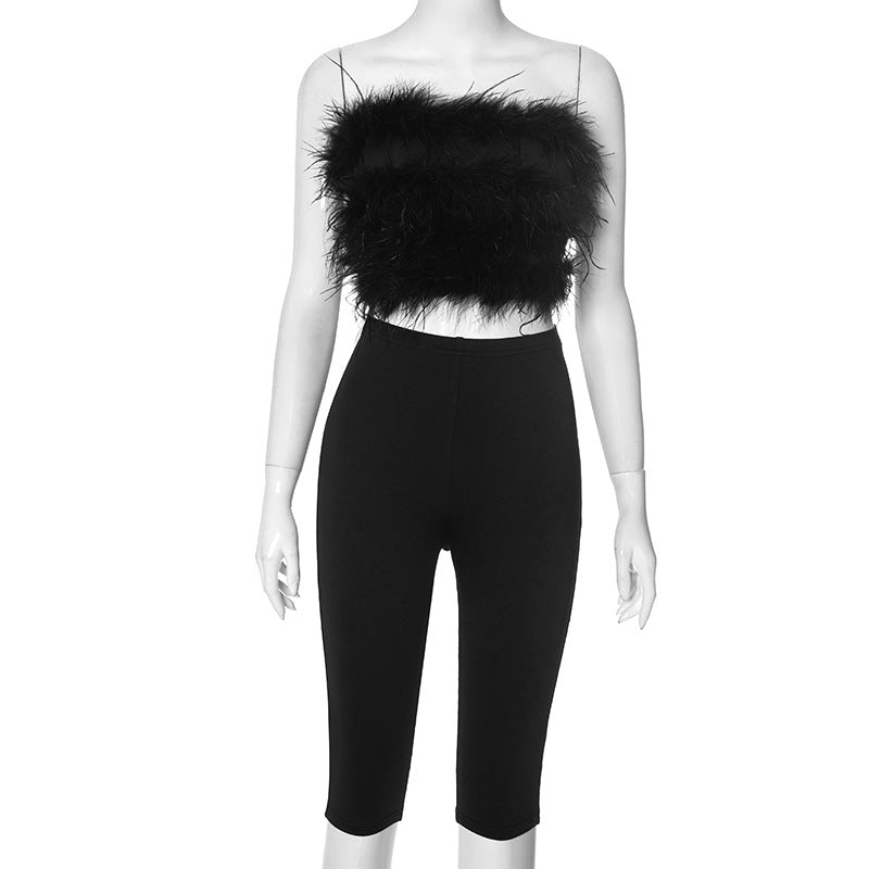 Women Spring/Summer furry sexy strapless crop top solid cropped pants two-piece set 7
