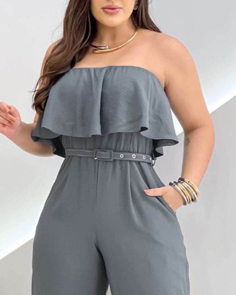 Women sexy solid off-shoulder ruffle belt jumpsuit 4