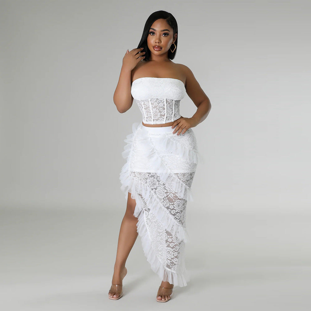 lace Strapless top irregular skirt solid color women two-piece set 11