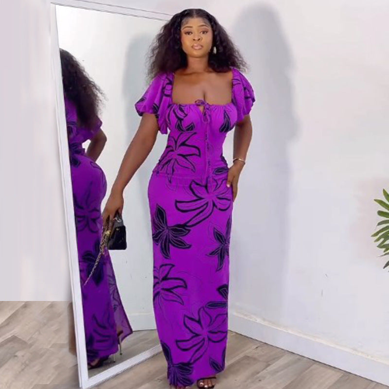 Women Summer Printed Puff Sleeve Square Neck Maxi Slit Dress 3