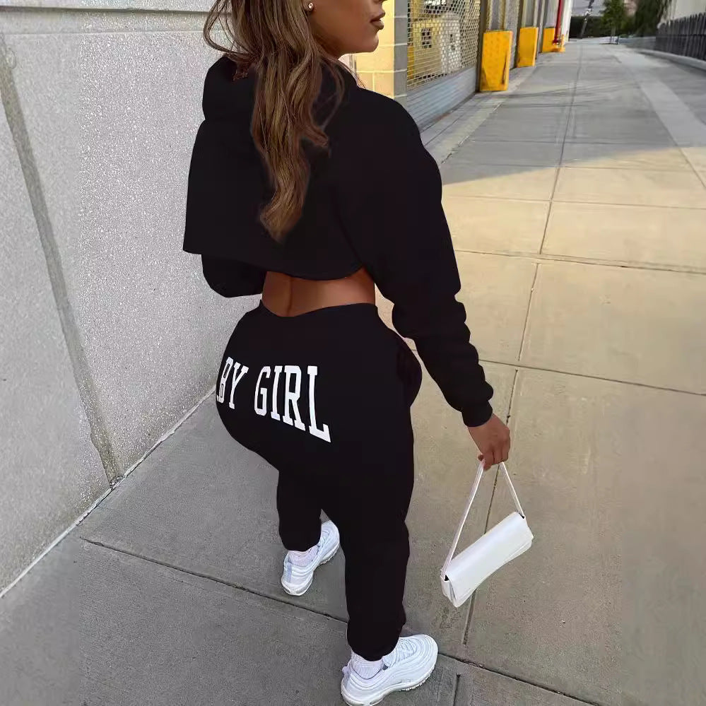 Women Solid Sports Letter Hoodies and Sweatpants Two Piece Set 5