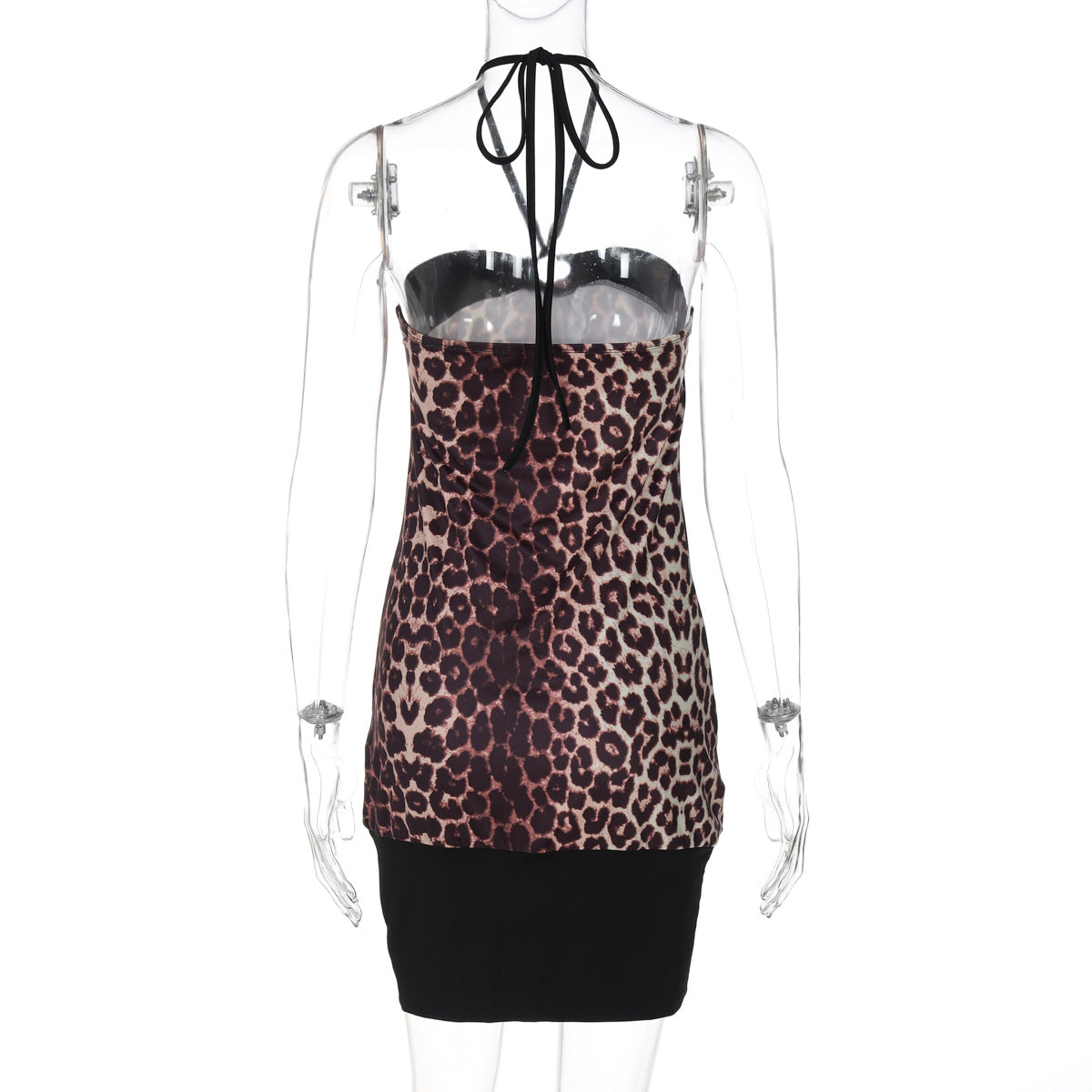 Women's Summer Tie Halter Leopard Patchwork Short Bodycon Dress 7