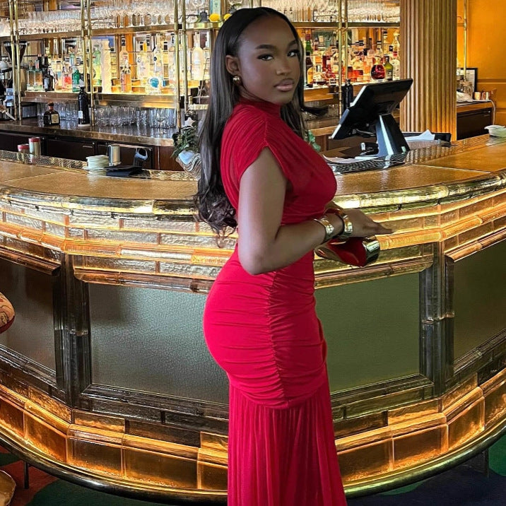 Women's Chic Elegant Mesh Patchwork Red Trendy Fashion Long Dress 5