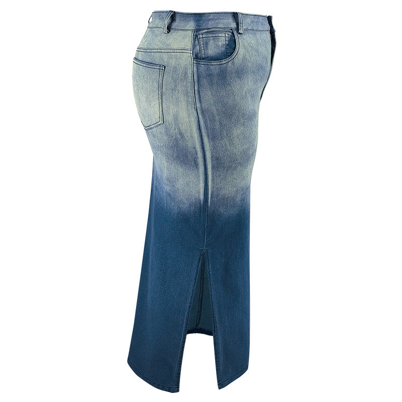 Plus Size Women Gradient Slit Denim Skirt 8