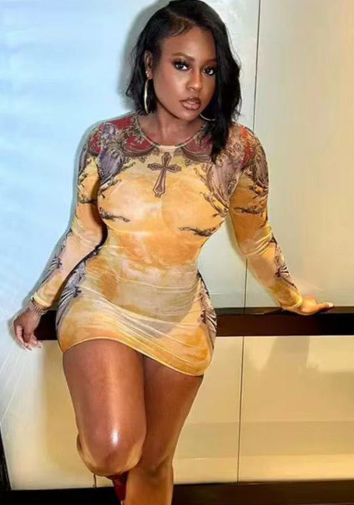 Women's Mesh Printing Round Neck Short Fashion Sexy Dress