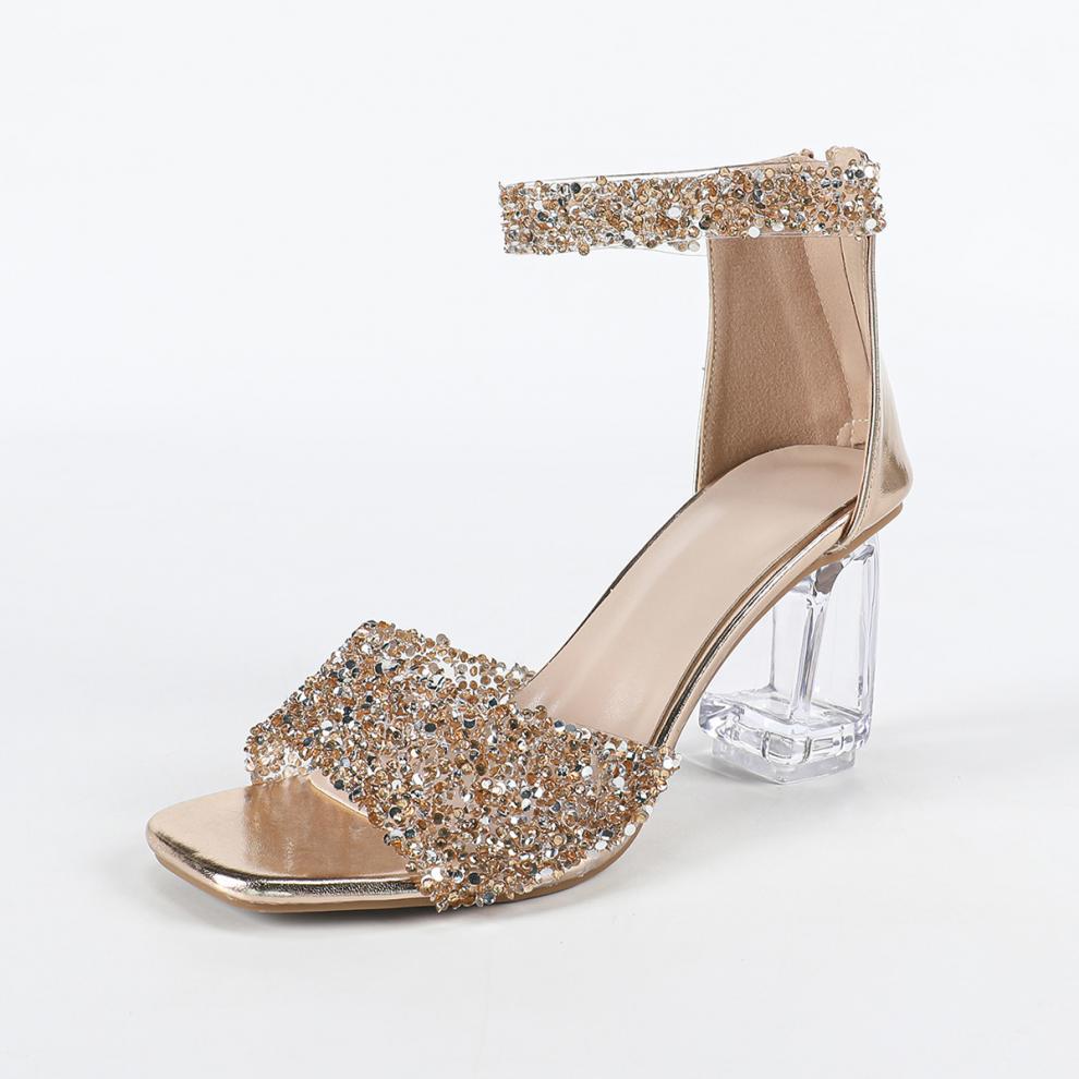 Summer Women's Shoes Sparkling Rhinestone Block Heel Sandals Back Zipper Crystal Heels 8