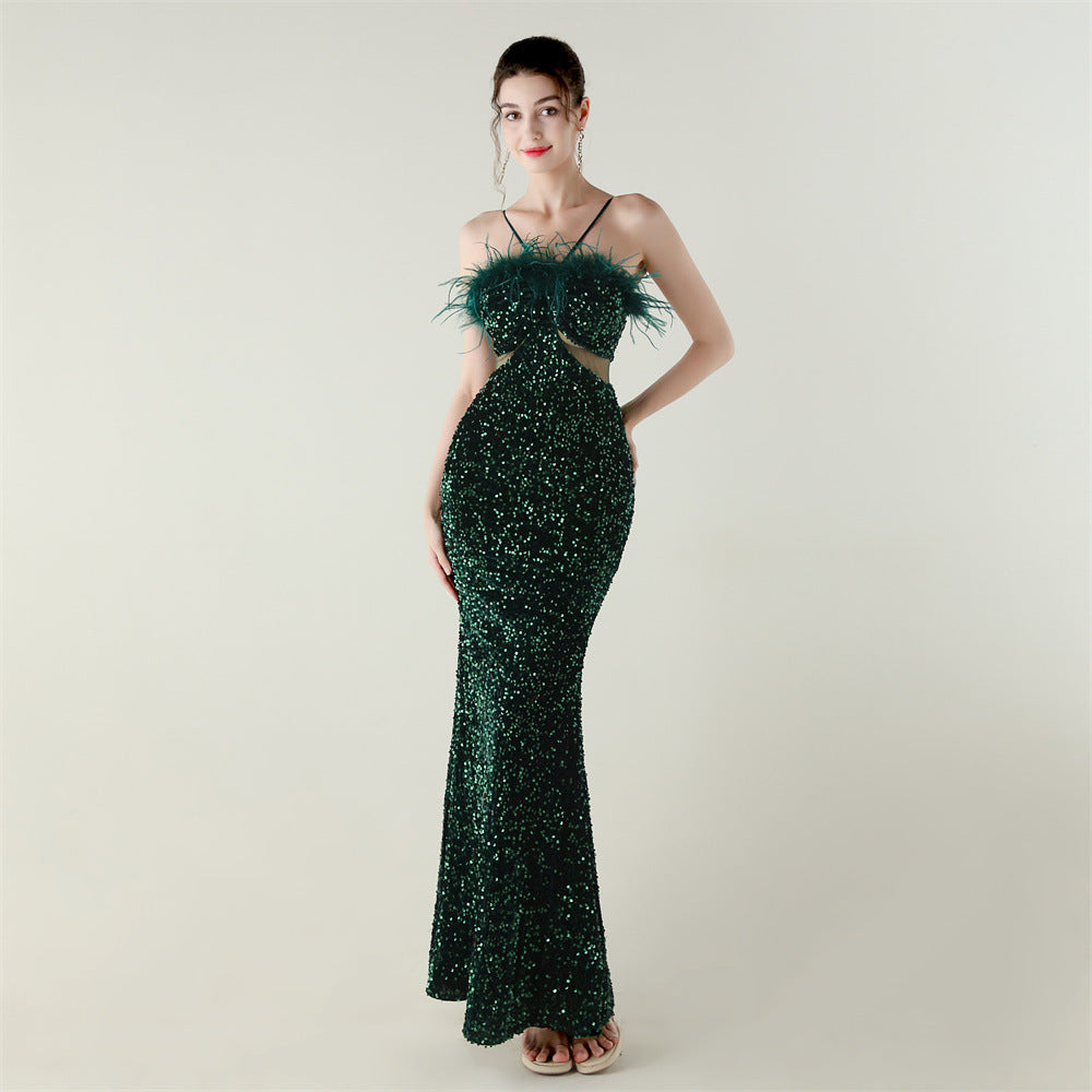 Velvet Sequin Feather Fishtail A-Line Evening Gown 8