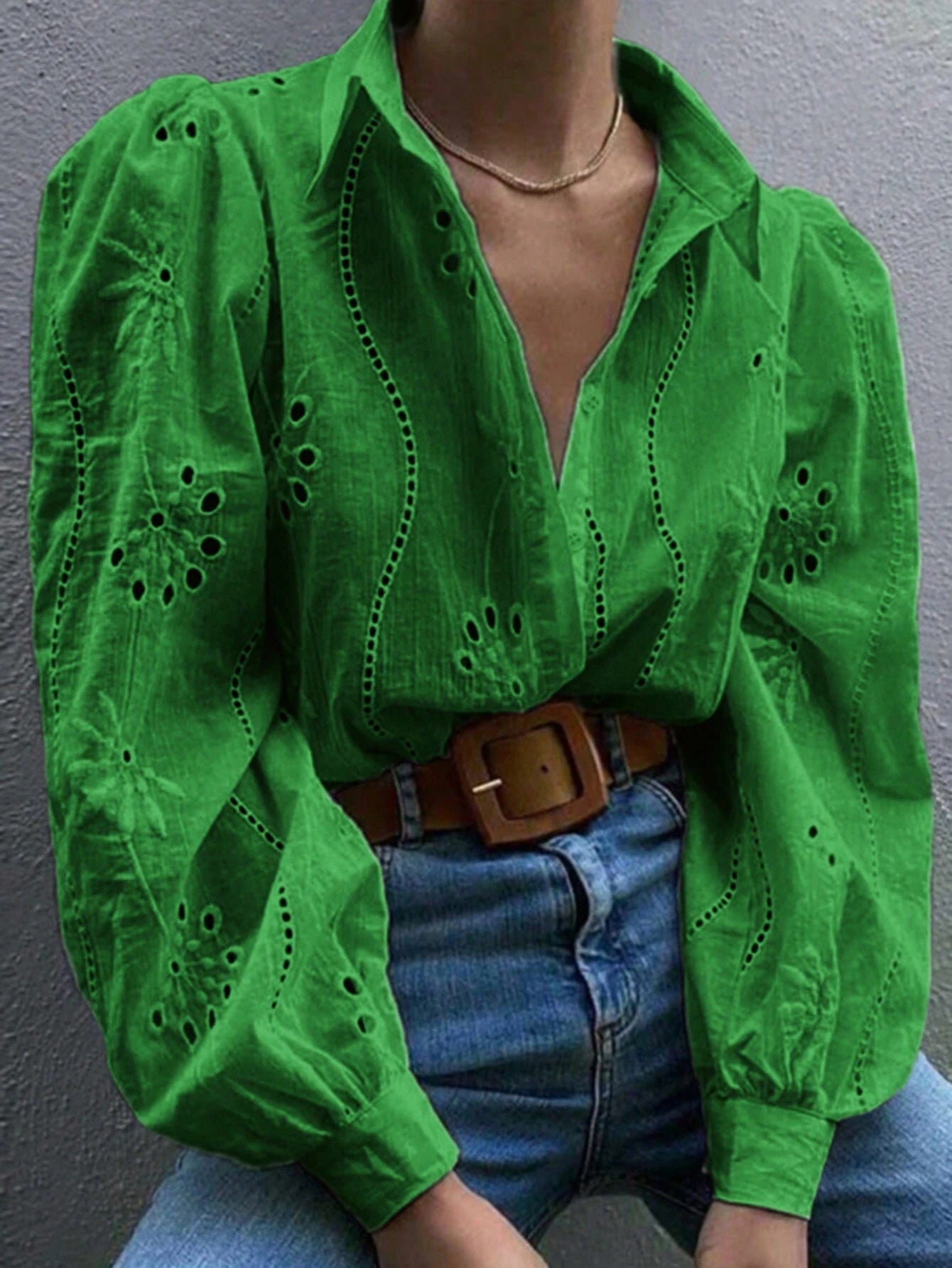 Women Solid embroidered hollow long-sleeved Turndown Collar shirt 5