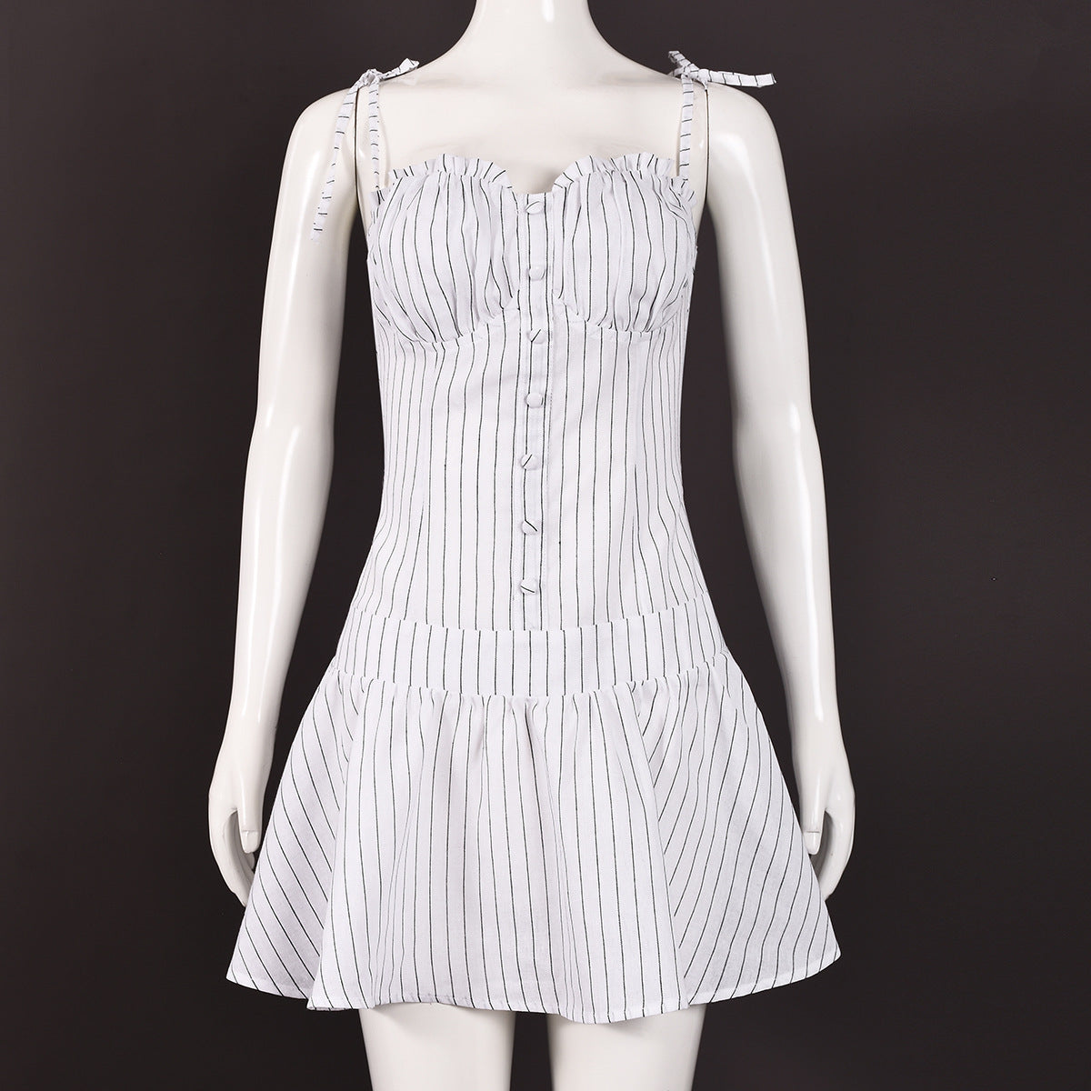 Women Striped Lace-Up Buckled suspender puffy dress 4