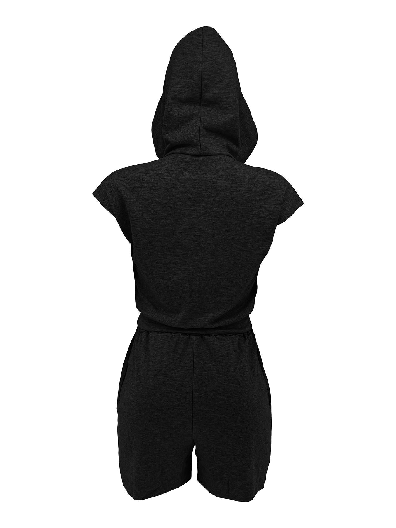 Women Summer Hooded Pocket Sports Solid Top and Shorts Casual Two-piece Set 10