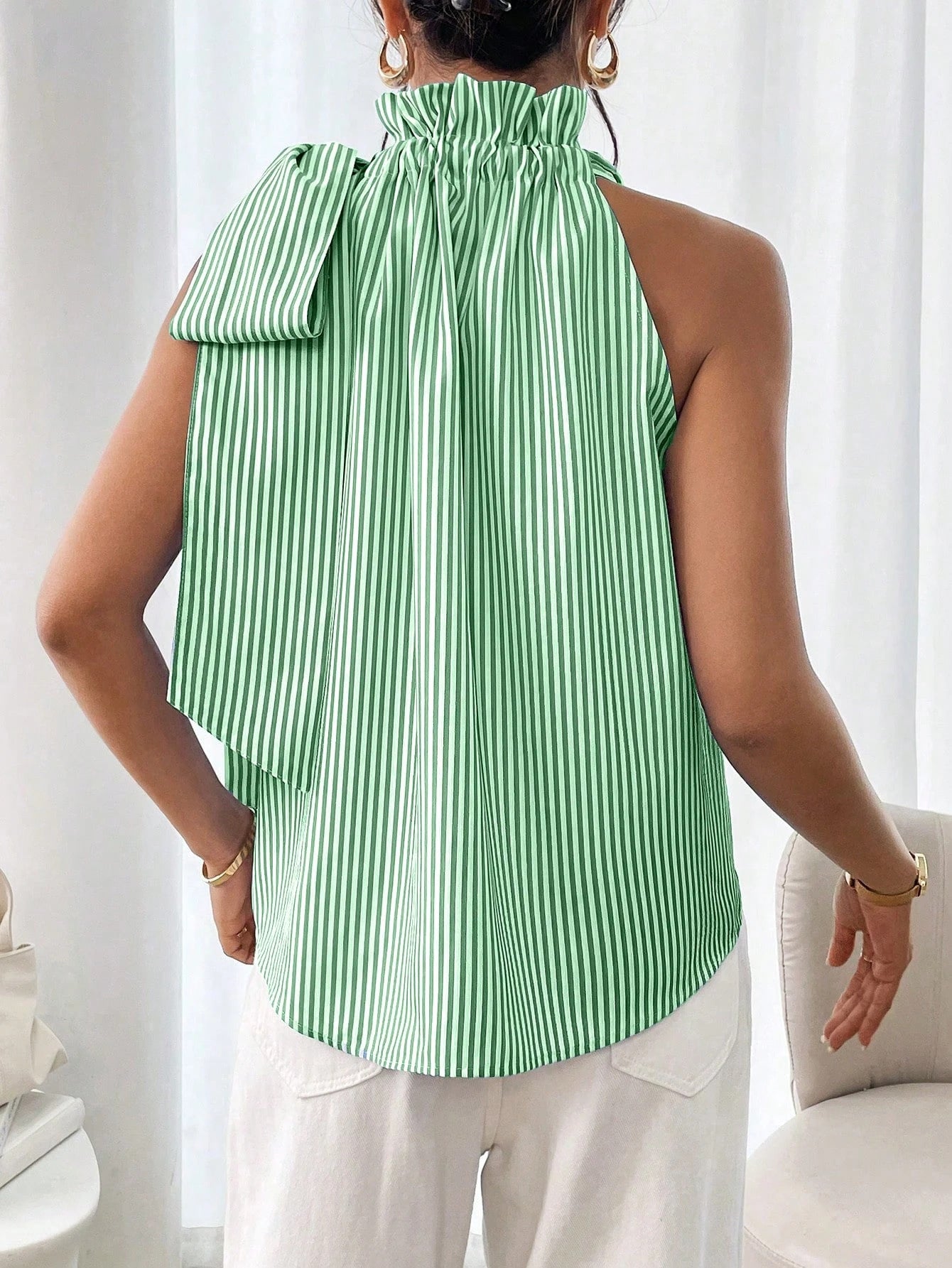 Fashion Sleeveless Striped Lace High Neck Tie Knot Women's T-shirt Top 15