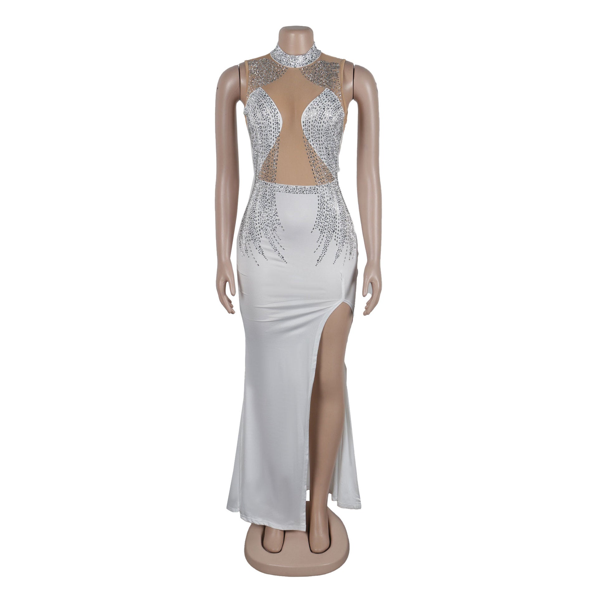 Women Beaded Mesh See-Through Patchwork Sleeveless Slit Dress 22