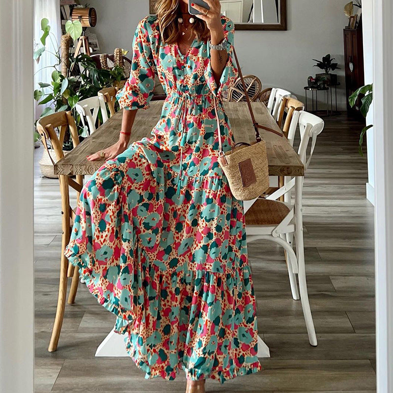 Fall Women V-Neck Long Sleeve Printed Loose Maxi Dress 3