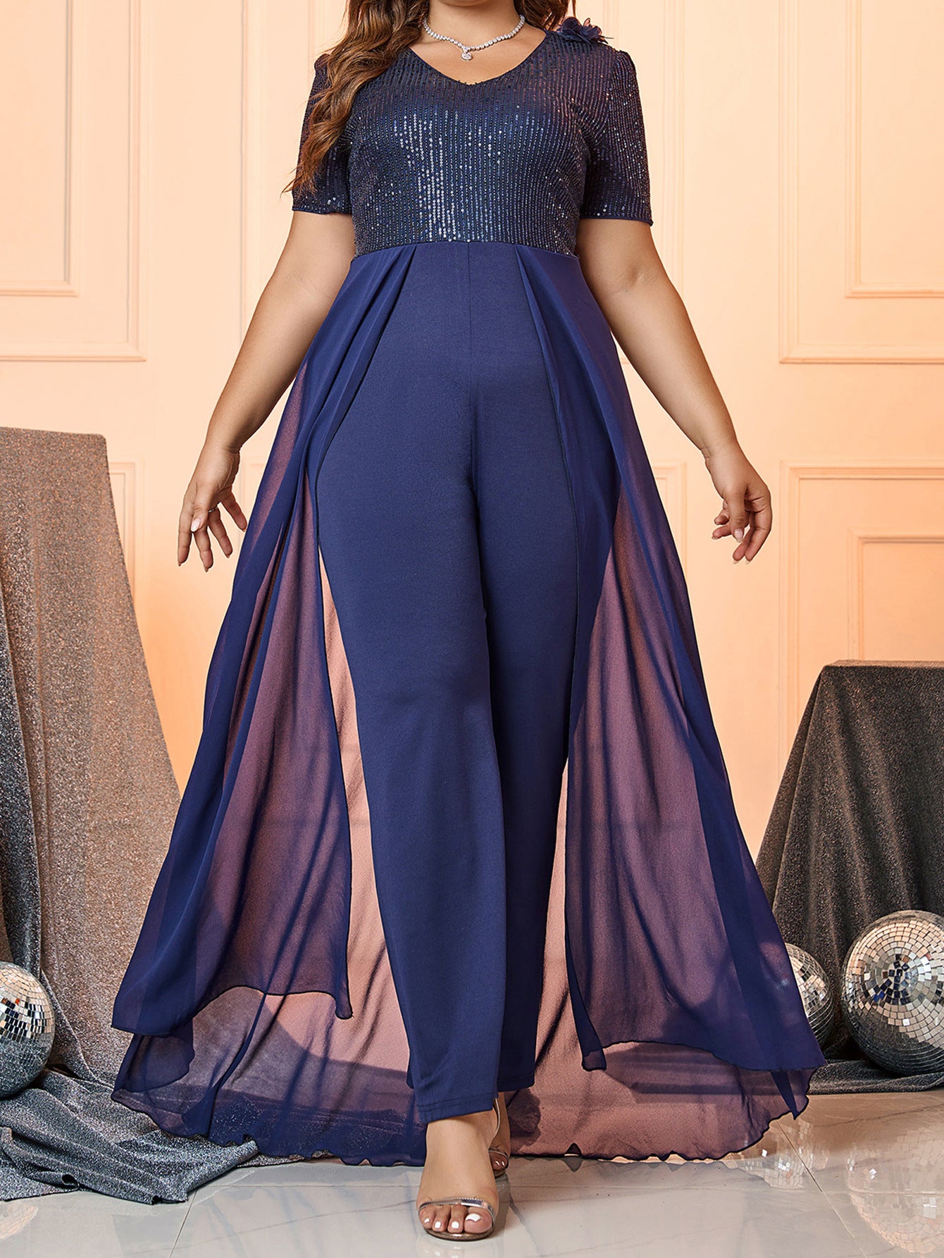 Plus Size Women V-Neck Sequined Pants Skirt 6