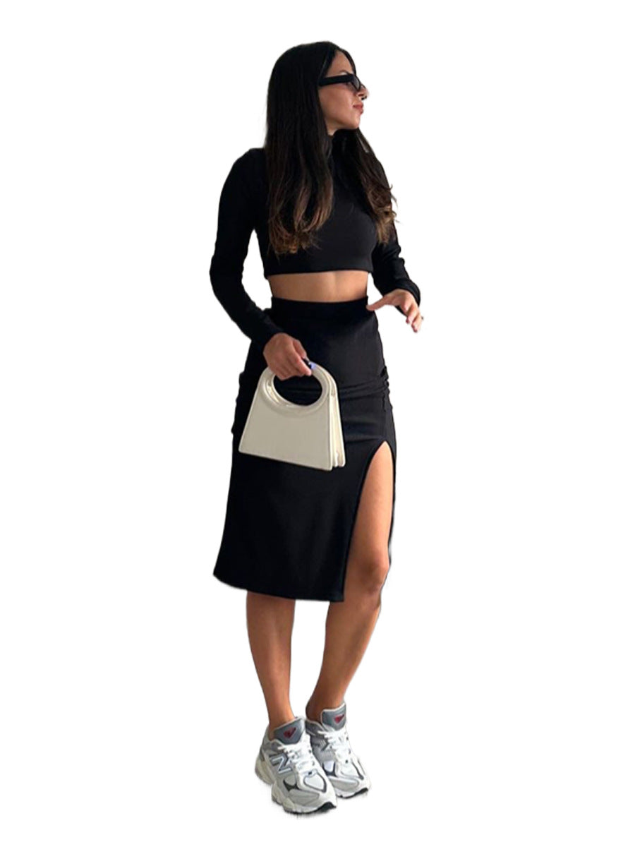 Spring And Autumn Solid Color Ribbed Round Neck Long-Sleeved Women's Two-Piece Fashionable Slit Maxi Skirt Set