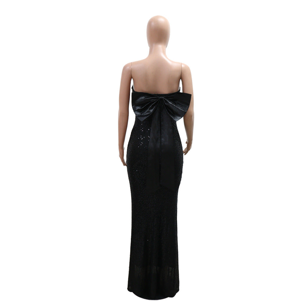 Women Sexy Strapless Satin Patchwork Sequin Fishtail Dress 8