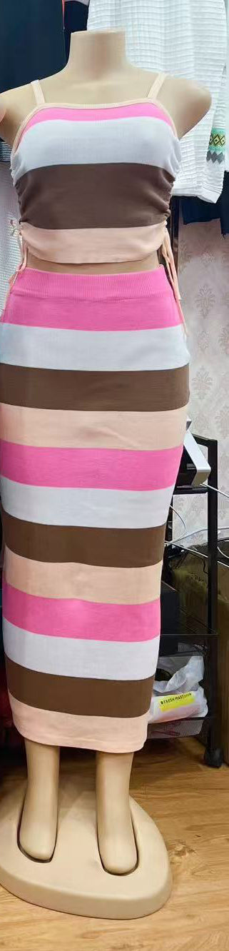 Knitting rainbow slim summer Strap two piece skirt set 3