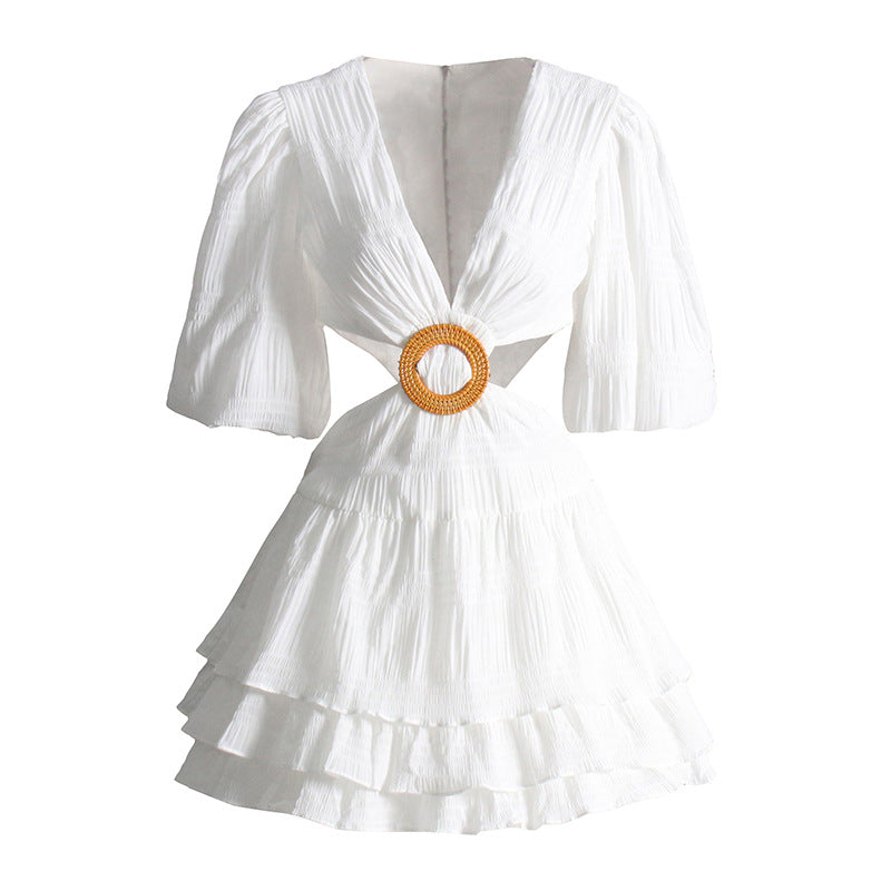 Women's Spring Trend Sexy Deep V Neck Open Waist Puff Sleeve Short Dress 5