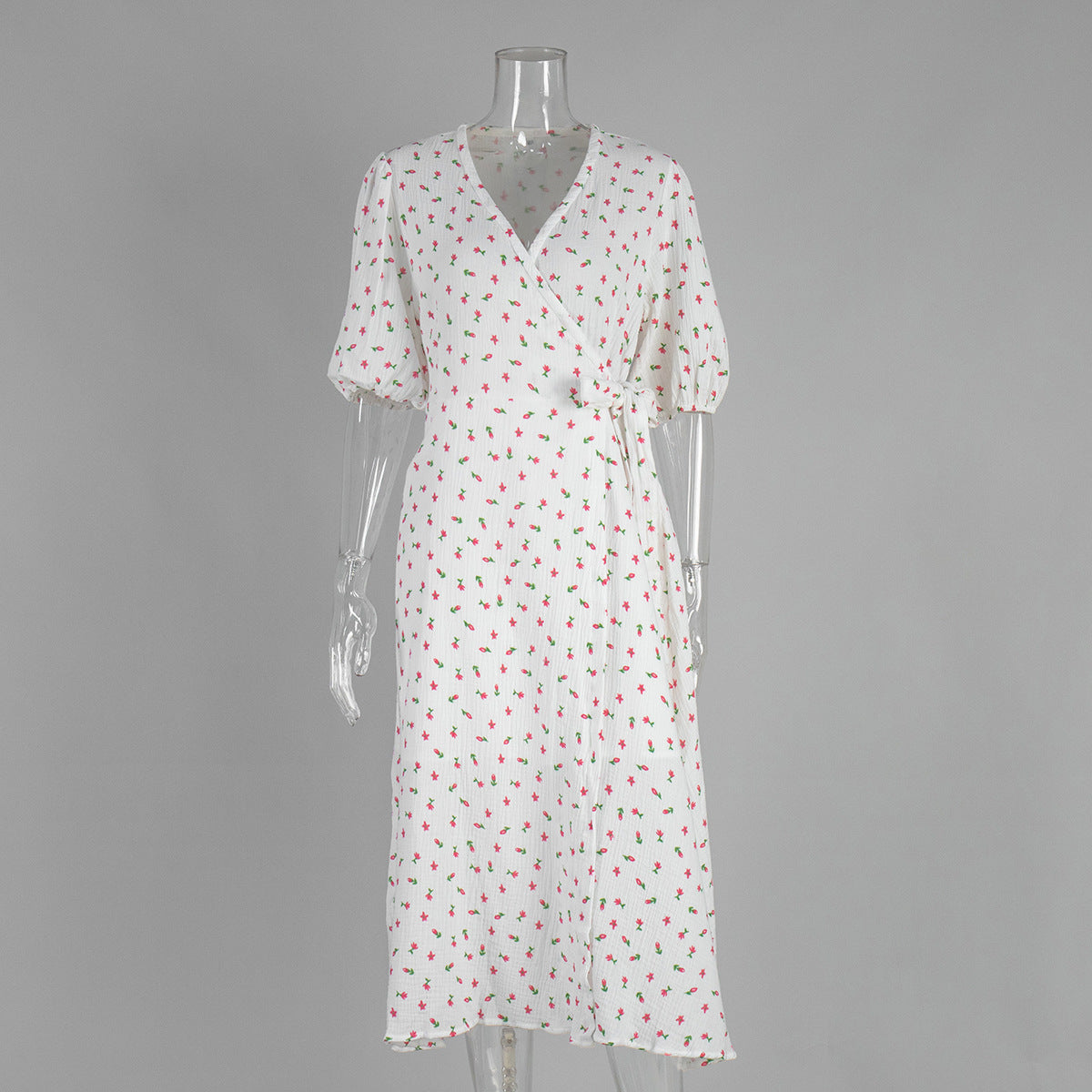 Cotton Floral Print Summer Lace-Up Bubble Sleeve Maxi Dress 4