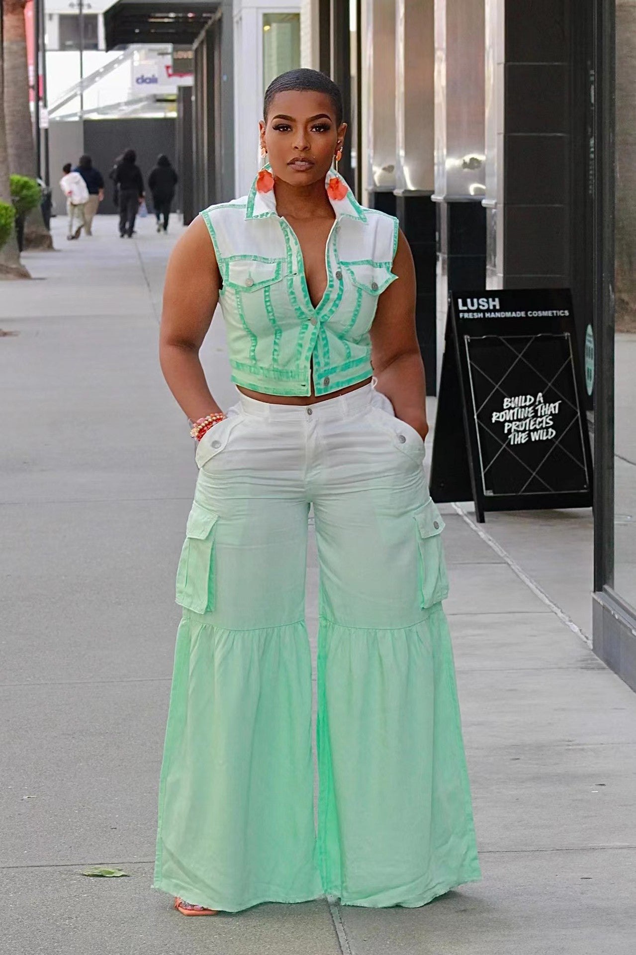 Positioning Print Multi-Pocket Bell Bottom Pants Set