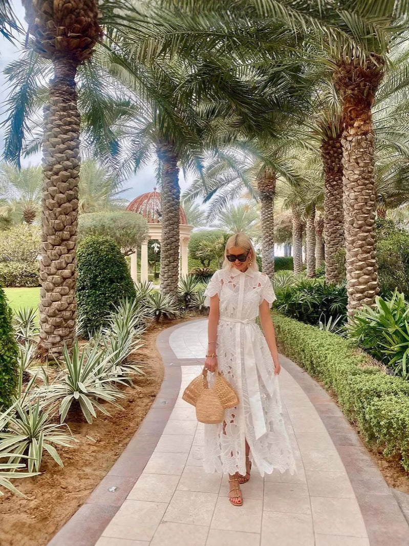 Spring/Summer Short Sleeve Single-Breasted Lace Floral Mid-Length Dress 5