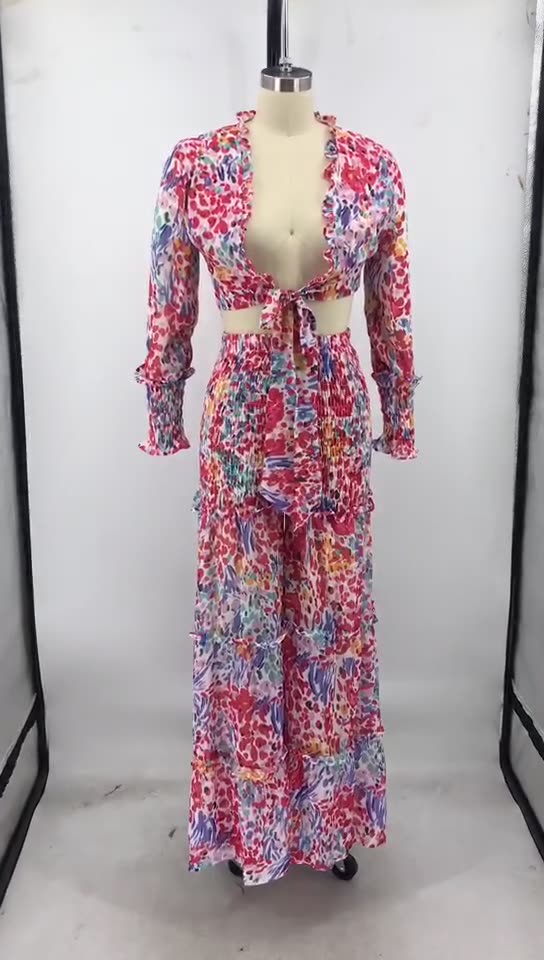 Fashion Color Contrast Printing Chiffon Long Sleeve Tie Blouse Bell Bottom Pants Two-Piece Suit For Women 13