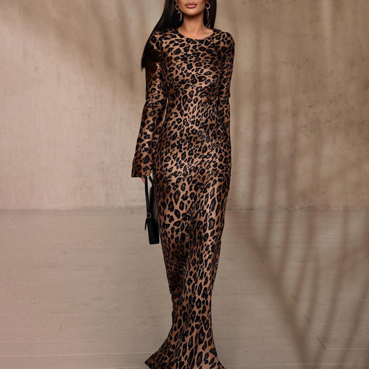 Round Neck Sexy Long Autumn Leopard Print High Waist Slim Dress 4